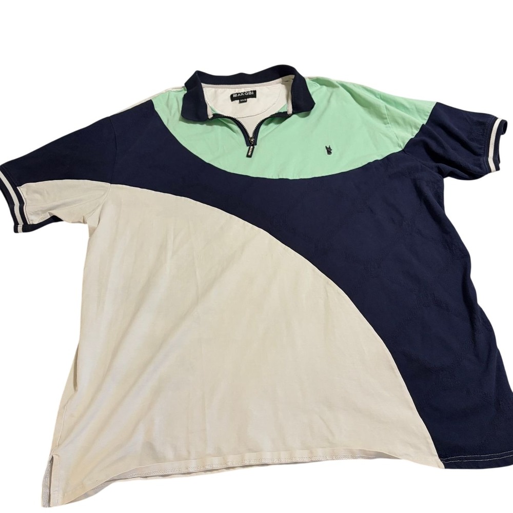 Makobi Polo Shirt Colorblock Quarter Zip Mens 3XB Blue Green White Big Tall